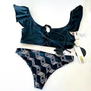 NEW ANTHROPOLOGIE AMUSE SOCIETY White Black Ruffle Tie Top Print Bikini Swim S